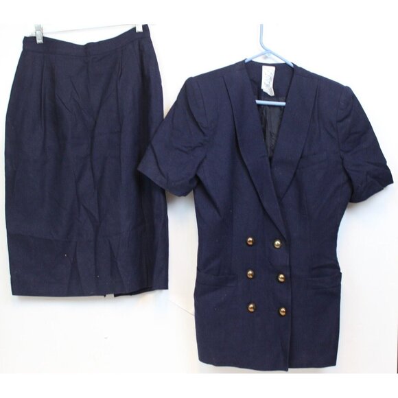 VTG 90s SBS Collection Navy Blue Silk Skirt Suit sz 12 Women Work Shoulder Pads - Picture 1 of 13